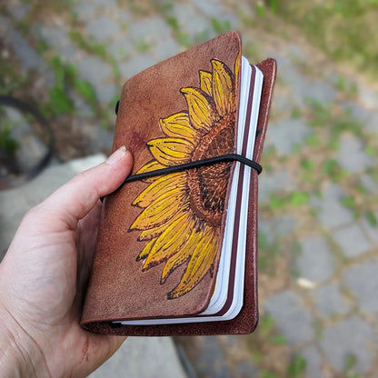 Passport-Size Fauxdori Refillable Notebook | Pyrography Sunflower
