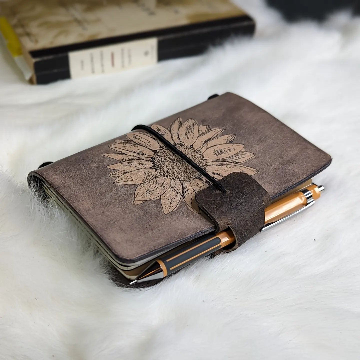 Field-Size Fauxdori Refillable Notebook | Ink-Stamped Sunflower